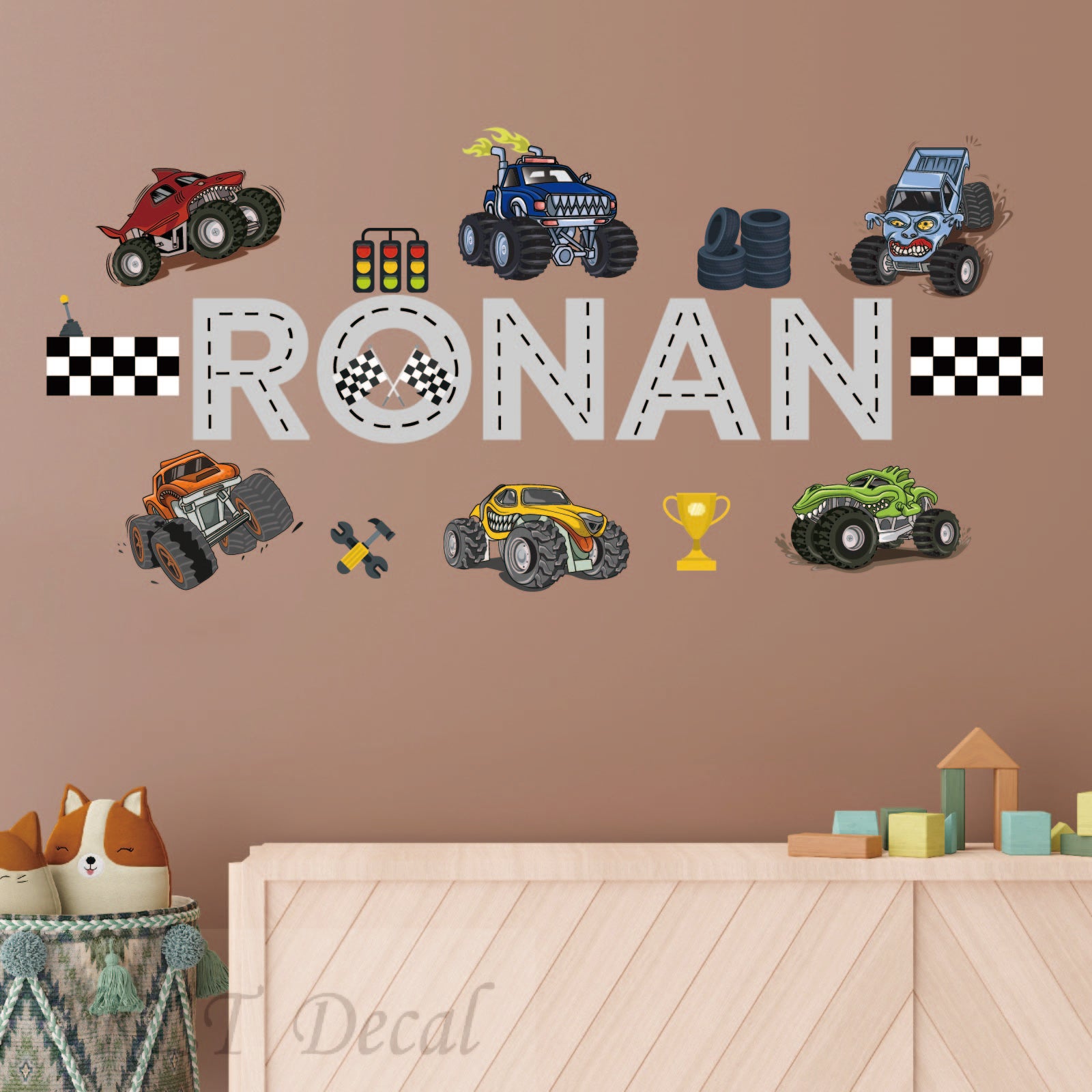 Custom name monster truck wall stickers action theme for boys playroom
