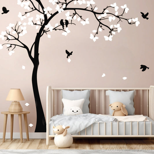 Windblown Cherry Blossom Wall Art – Nursery & Office Decor Vinyl Sticker, Removable Tree Decal for Kids Room, Bedroom, or Workspace