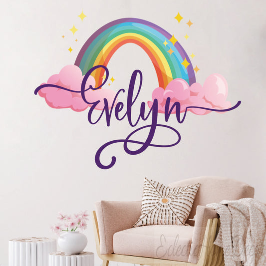 Custom name rainbow wall stickers watercolor design for girls bedroom
