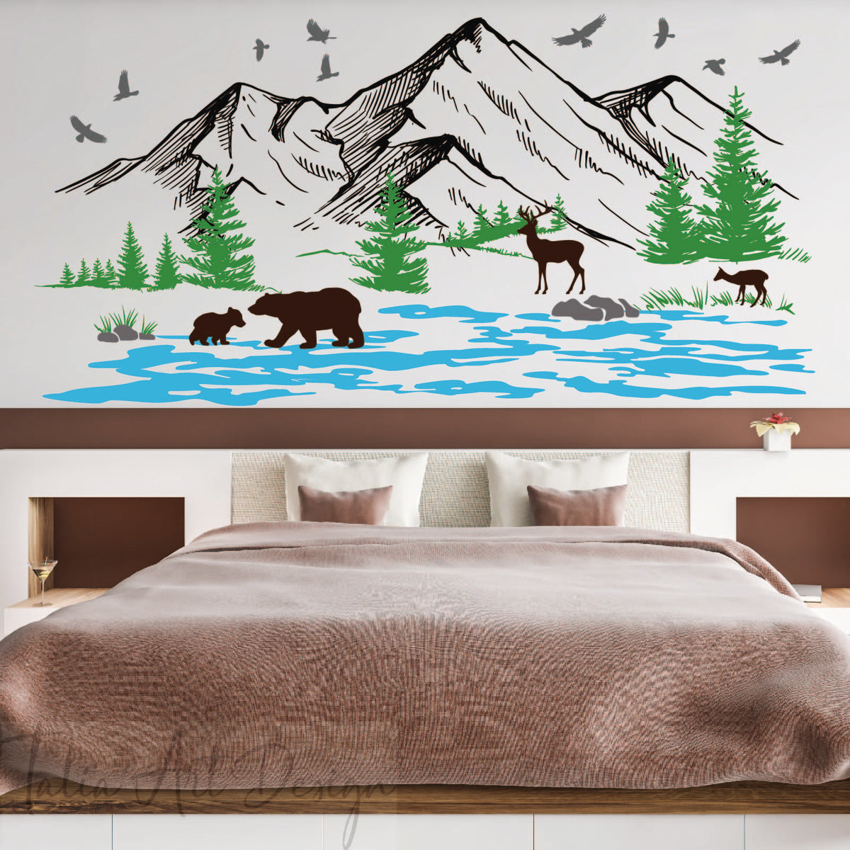 Woodland Mountain Landscape Wall Decal - Pine Trees, Birds & Forest Animals Vinyl Sticker