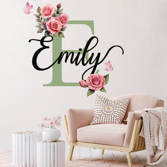 Custom name pink rose wall stickers floral design for girls bedroom
