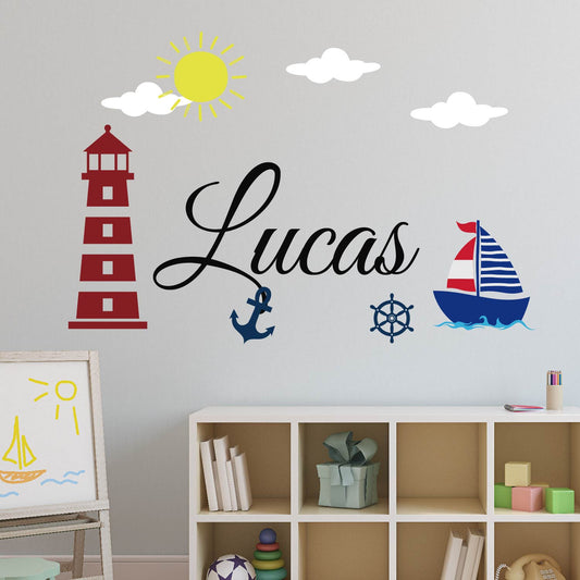 Custom name sailboat wall stickers maritime theme for baby boy bedroom
