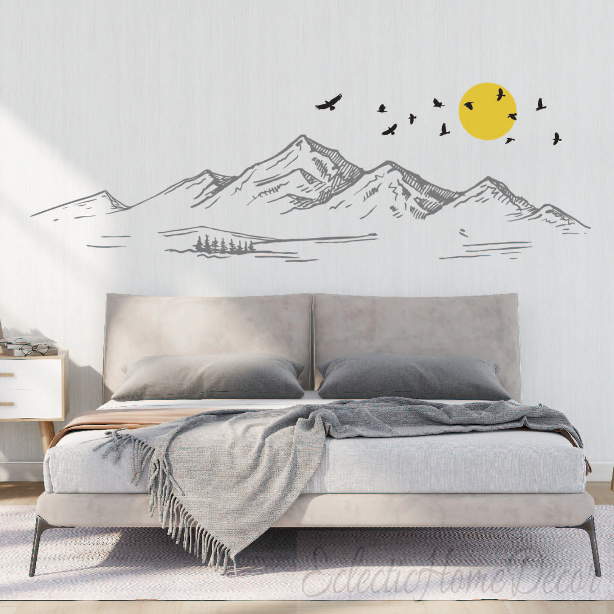 Mountain Landscape Wall Decal with Rising Sun and Flying Birds