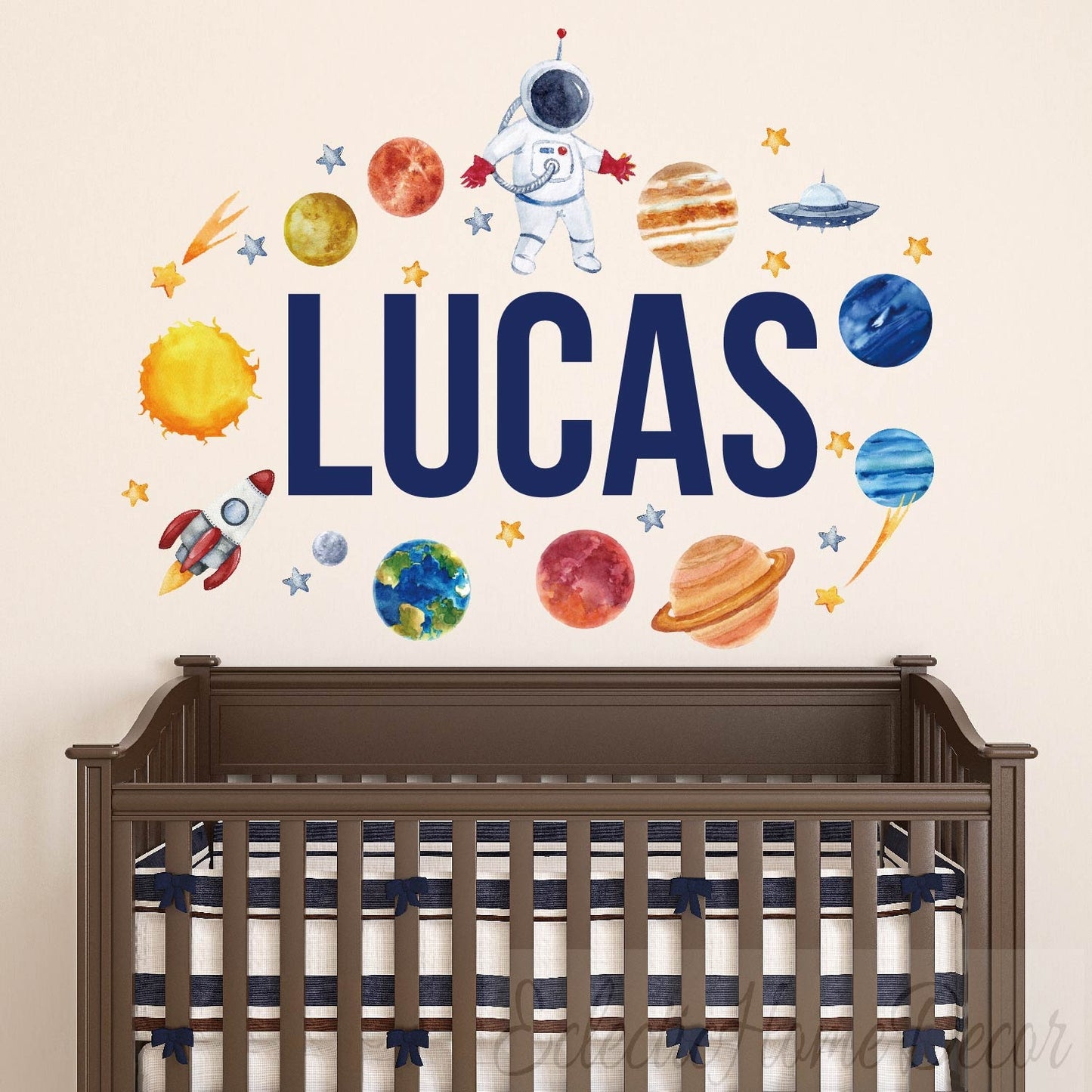 Custom name planets wall stickers astronaut cosmic theme for nursery
