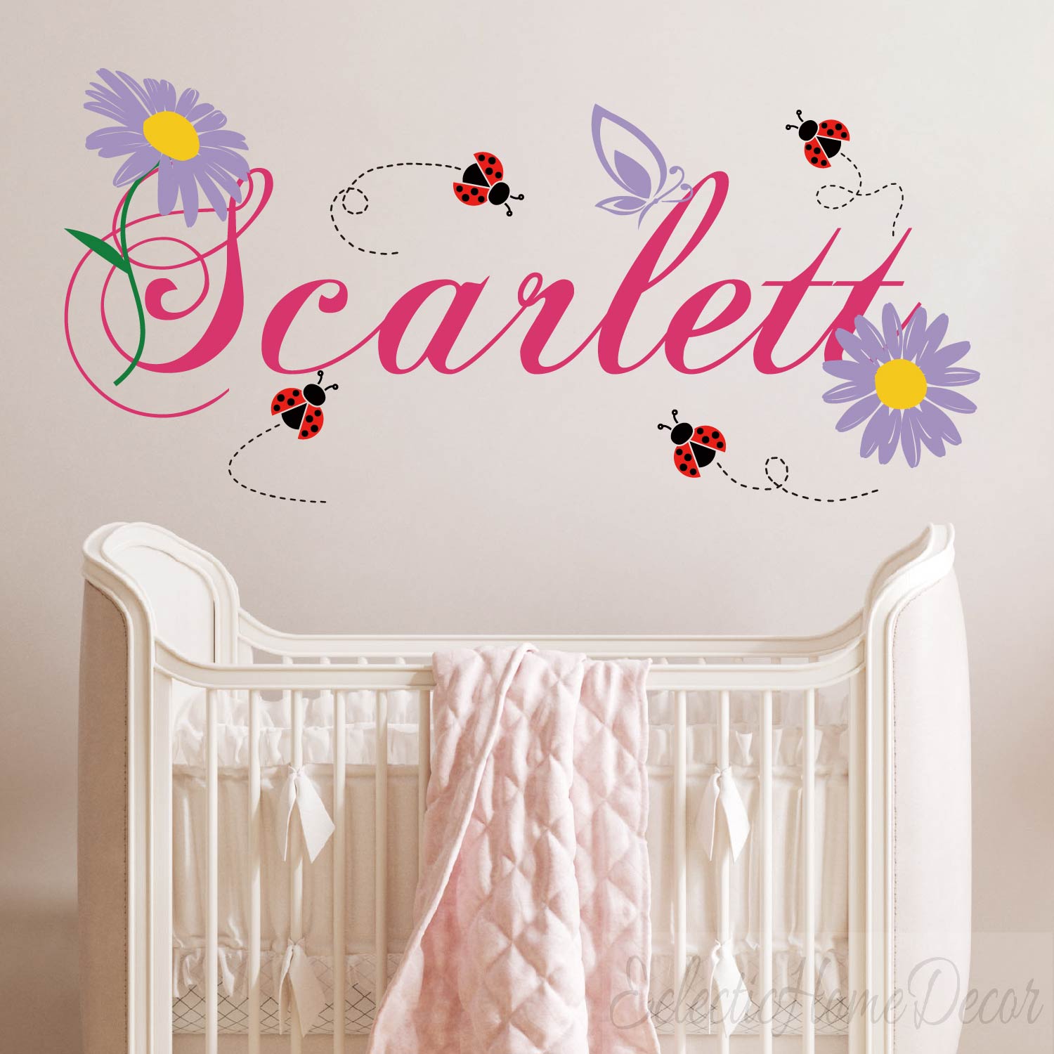 Custom name wall stickers featuring daisy flowers and ladybugs for girls bedroom
