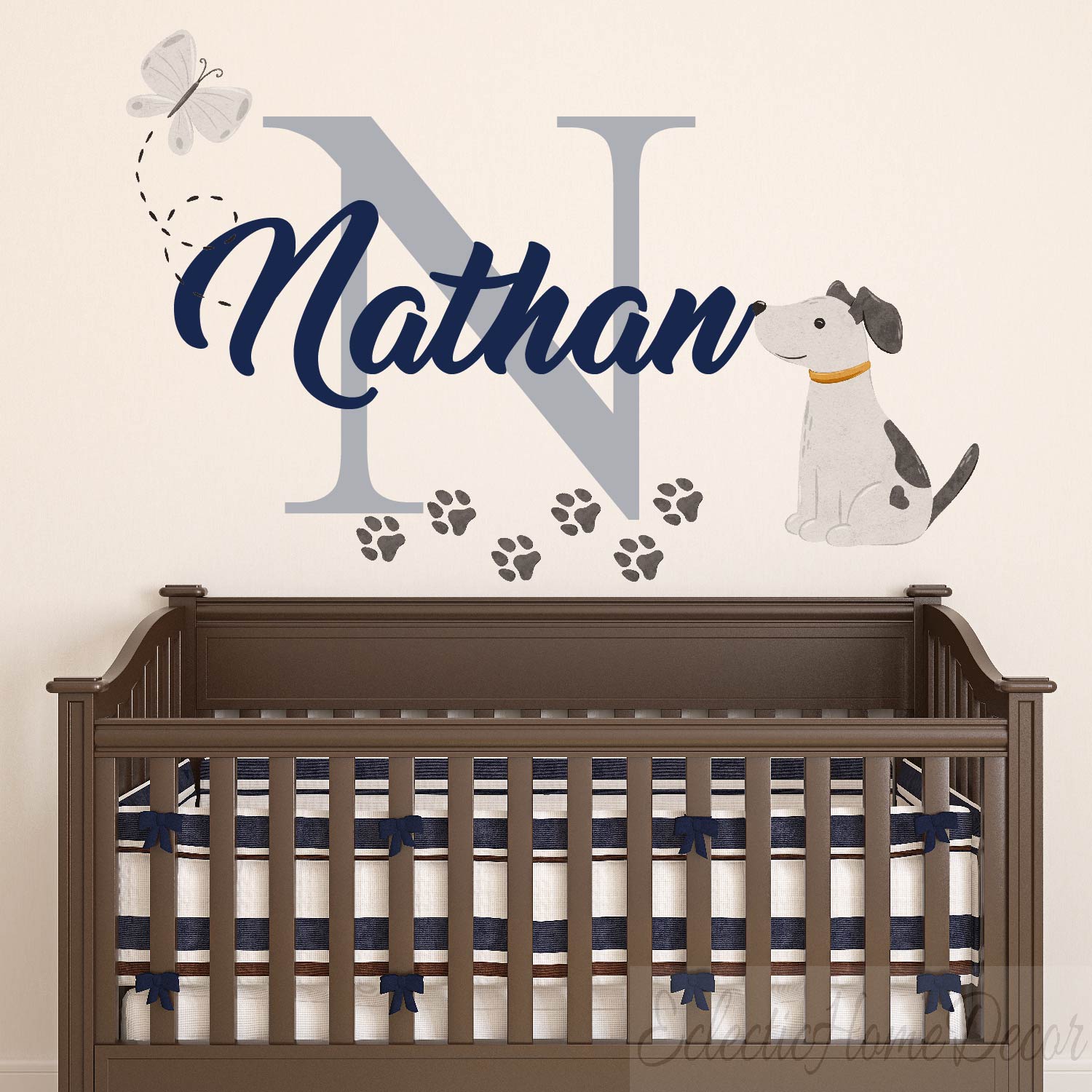 Personalized puppy wall stickers with bone and paw print for kids room decor
