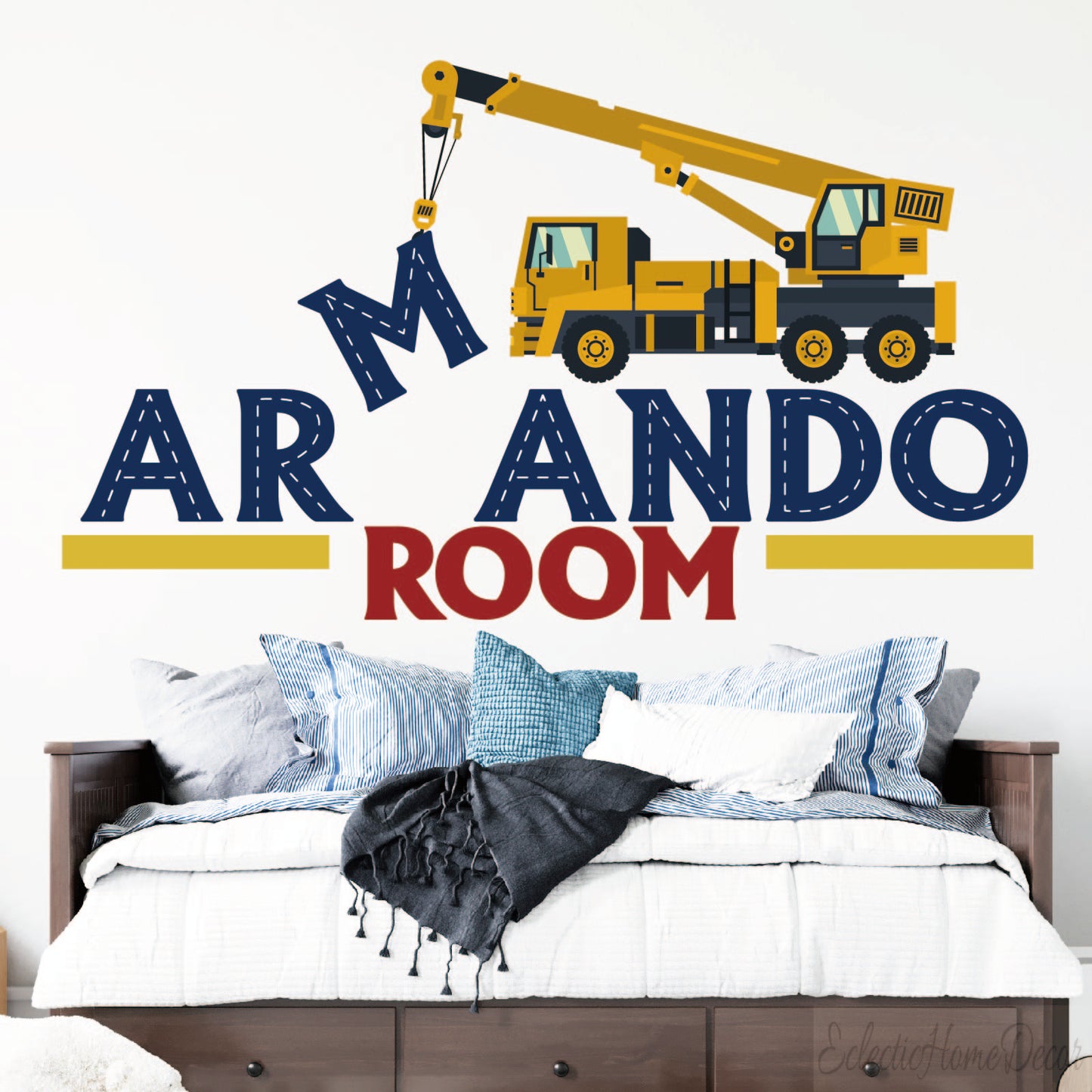 Custom Name Excavator Wall Sticker – Personalized Construction Truck Wall Decal for Kids’ Room, Boys’ Playroom Decor