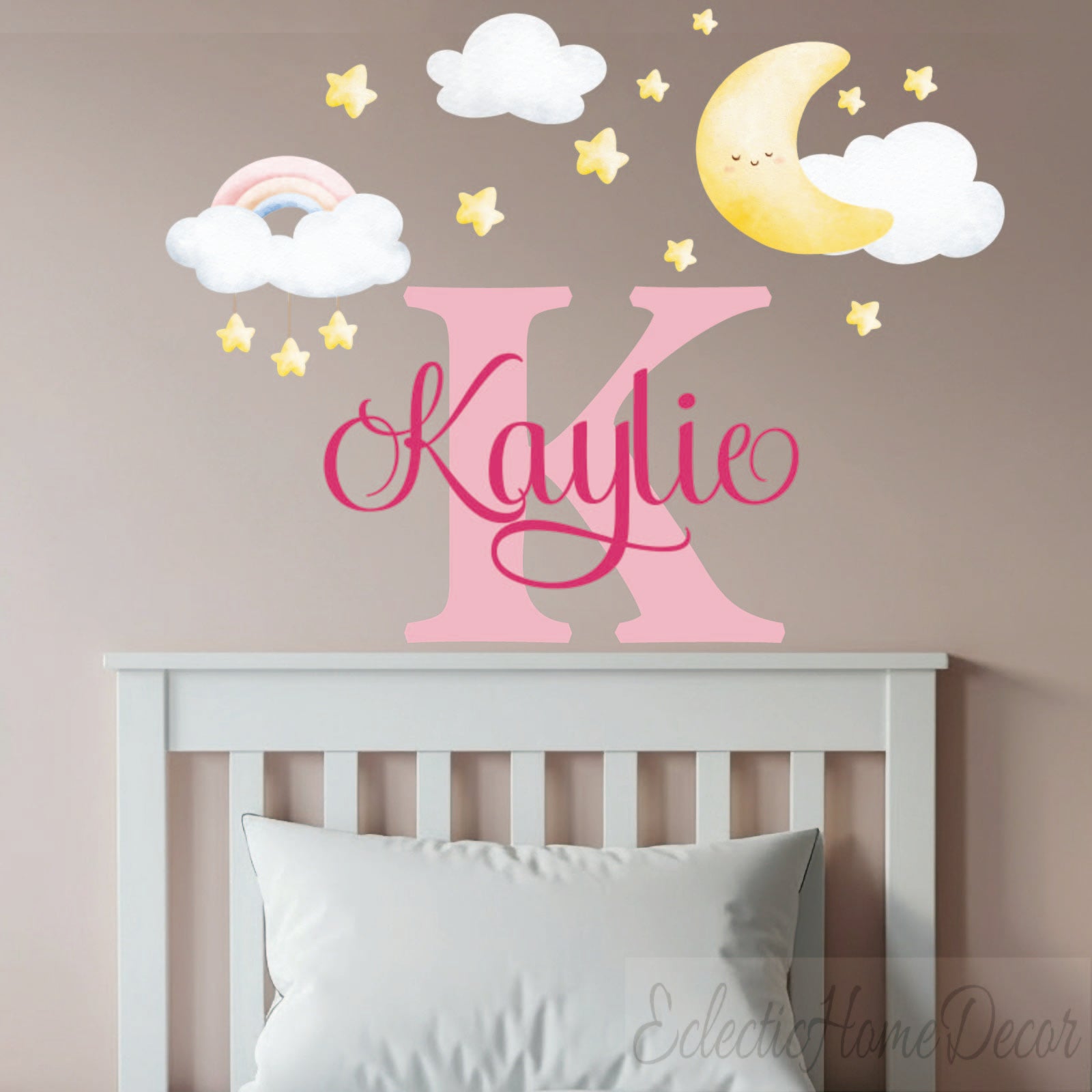 Custom name moon stars wall stickers pastel rainbow for kids bedroom
