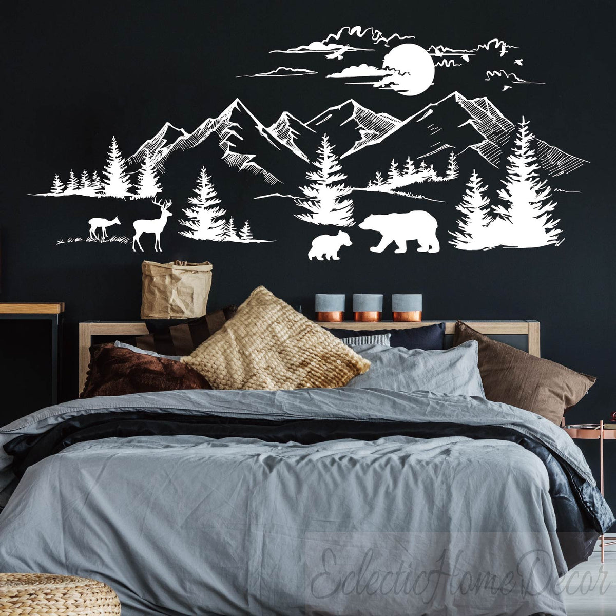 Mountain Landscape Wall Decal with Pine Trees, Sun, and Woodland Animals