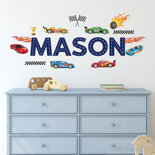 Custom name racing car wall stickers space theme for boys bedroom
