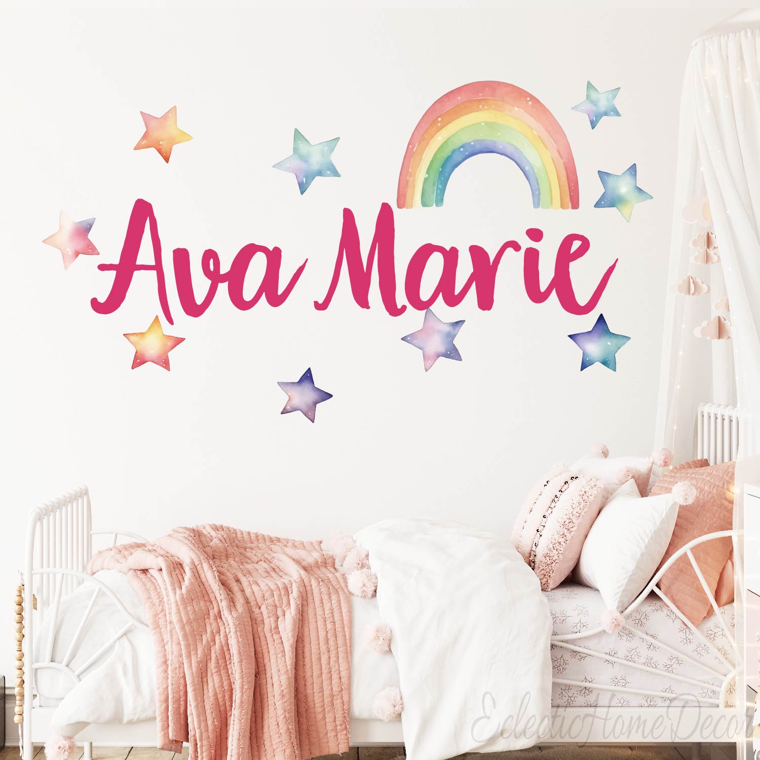 Personalized name wall stickers featuring watercolor stars rainbow kids room decor
