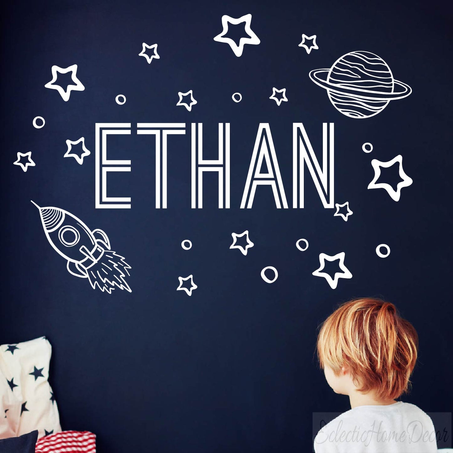 Custom name space wall stickers rocket planet theme for boys bedroom
