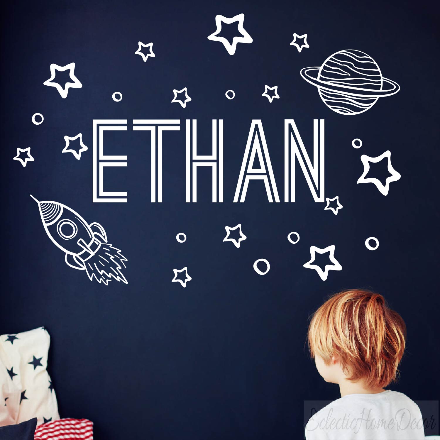 Custom name space wall stickers rocket planet theme for boys bedroom
