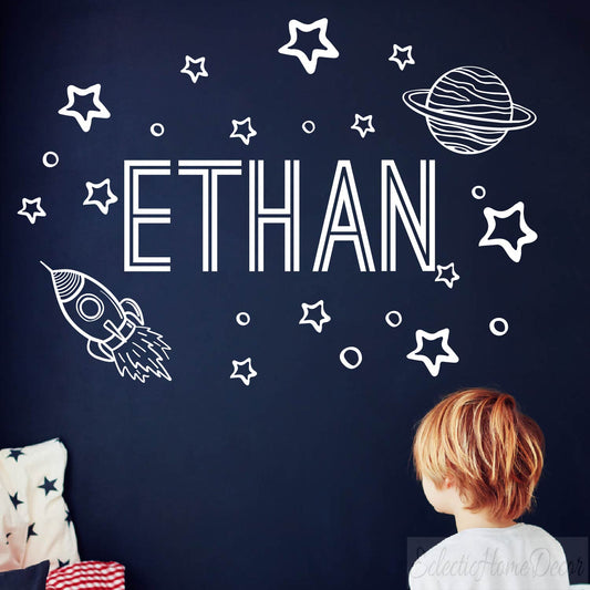 Custom name space wall stickers rocket planet theme for boys bedroom
