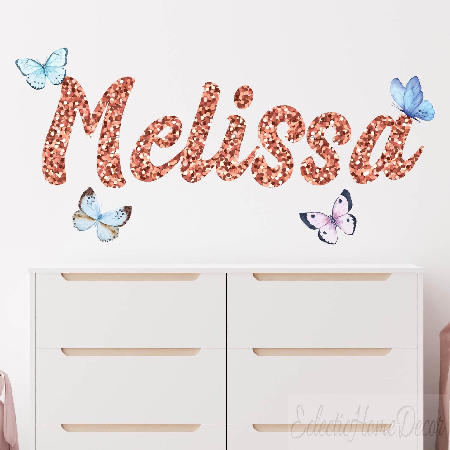 Personalized butterfly name stickers with gold foil for nursery room decor
