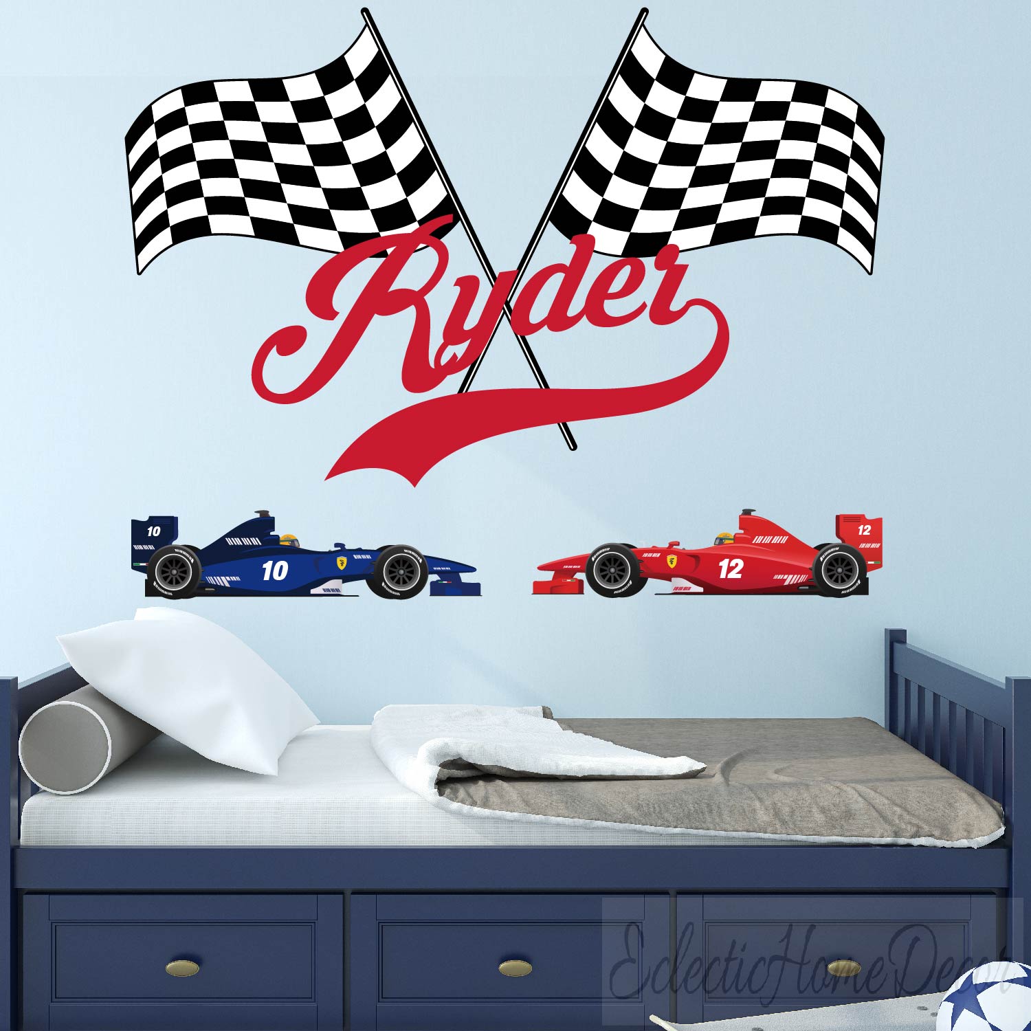Personalized racing flag wall stickers custom name number for boys nursery
