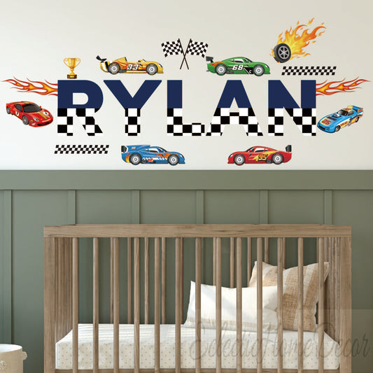 Personalized Racing Car Wall Decals for Boys – Custom Name Sports Car Peel and Stick Wall Art Decor for Kids Room, Easy to Apply
