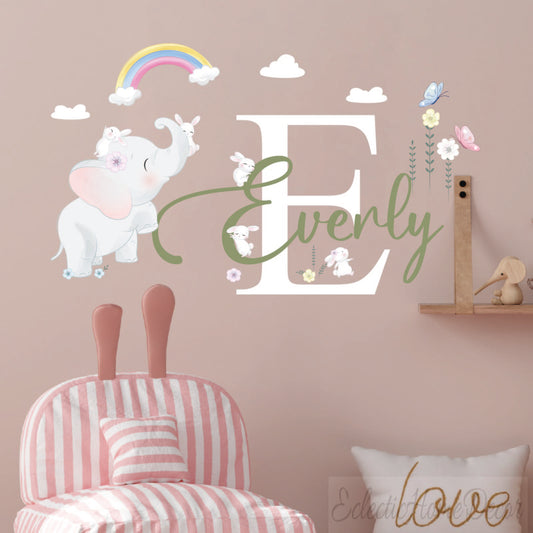 Custom Watercolor Elephant and Bunny Wall Decal – Personalized Name Sticker for Nursery Room, Baby Girl or Boy Decor, Animal-Themed Wall Art