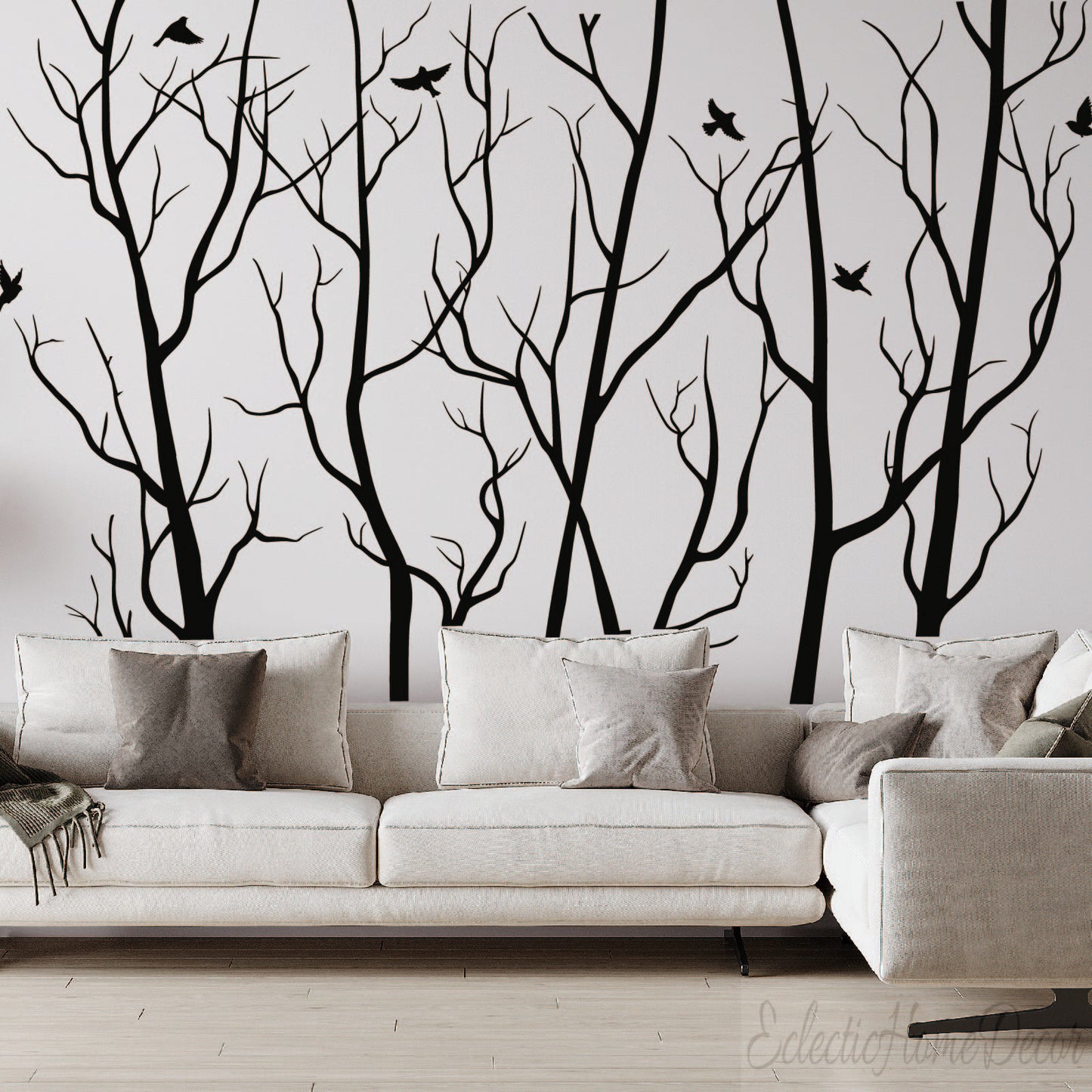 Flying birds tree wall decal - removable black vinyl sticker for kids room
