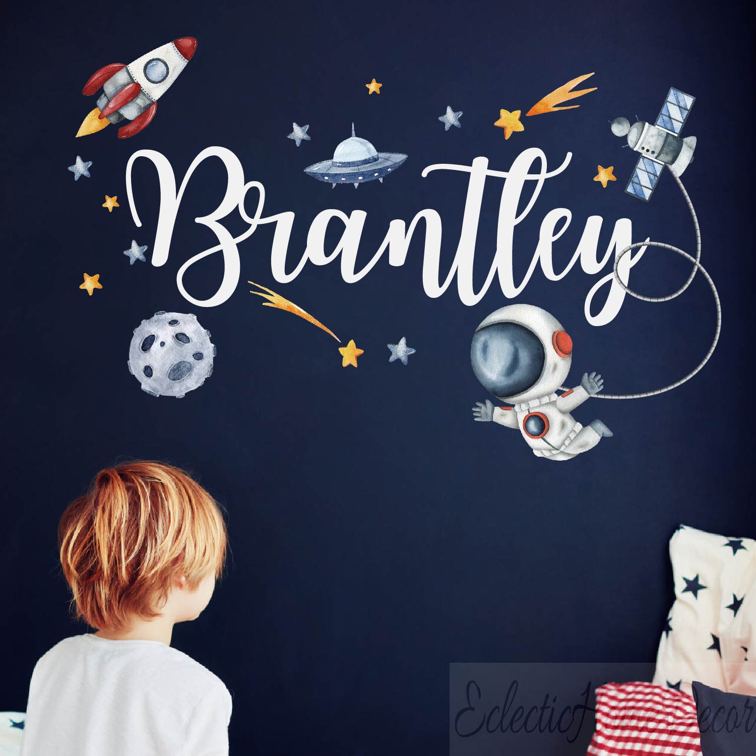 Custom name astronaut wall stickers outer space theme for kids bedroom

