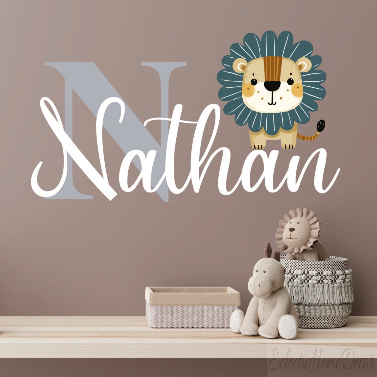 Custom name lion wall stickers animal theme for kids bedroom playroom
