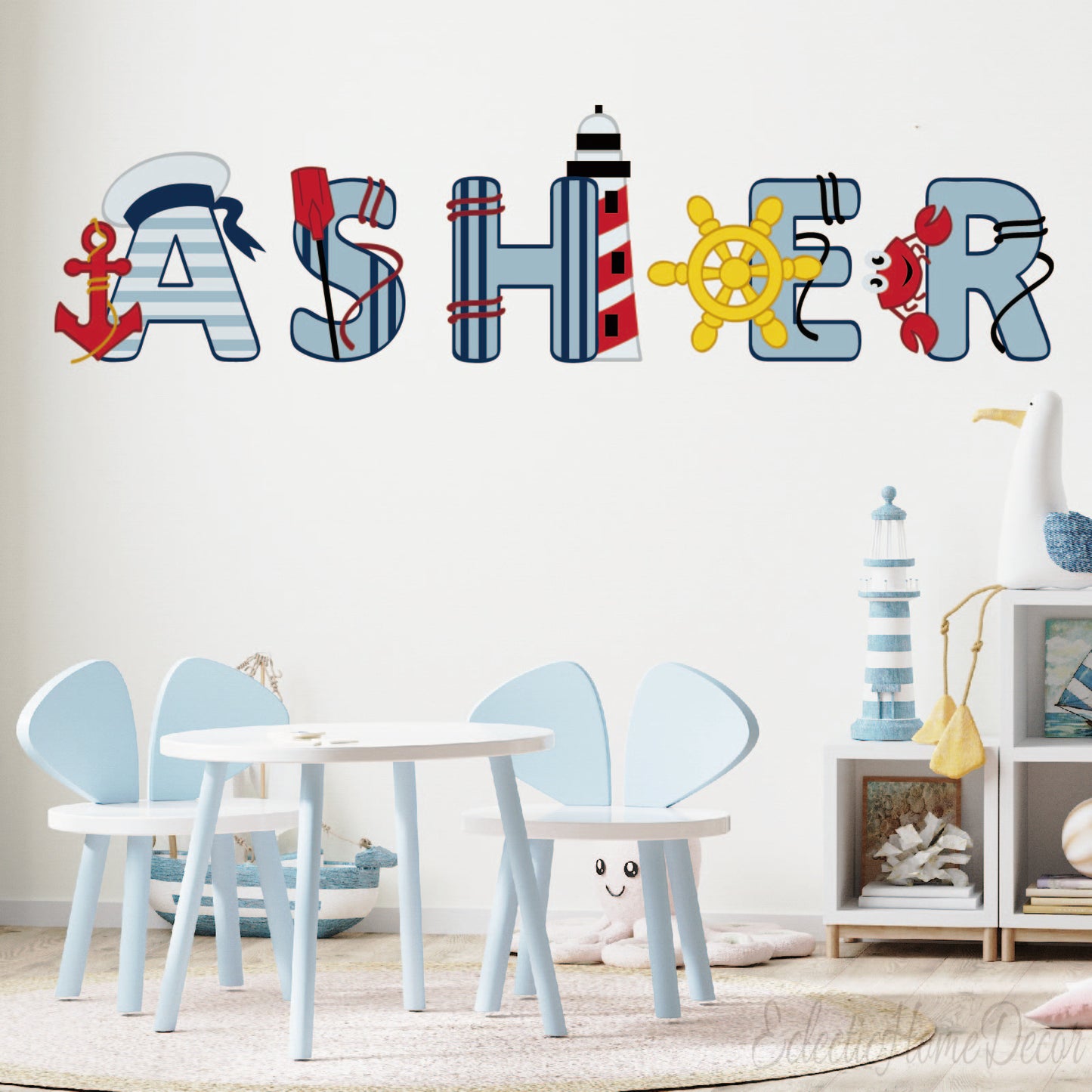 Custom name nautical wall stickers lighthouse anchor crab for kids bedroom
