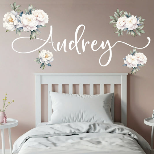 Custom name peony butterfly wall stickers floral design for girls bedroom
