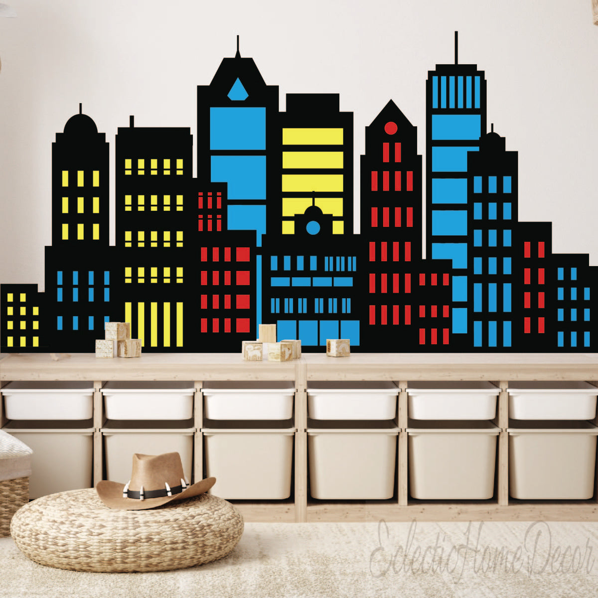 Superhero City Skyline Wall Decals for Kids Rooms