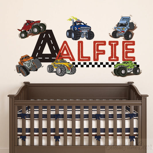 Personalized Boy Name Wall Decals - Custom Monster Truck Wall Stickers with Trophy, Fire, and Cars for Kids' Bedroom Decor
