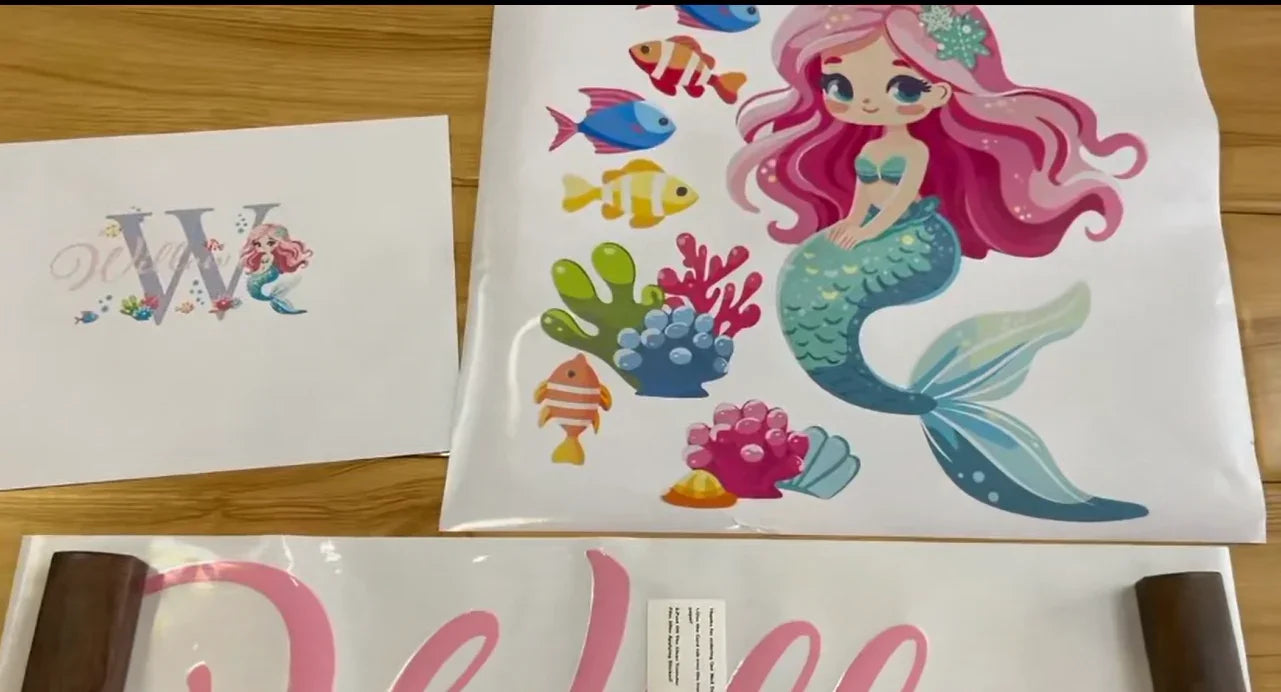 Mermaid wall decals with colorful fish, sea plants, and personalized initial from YKLT Decals
