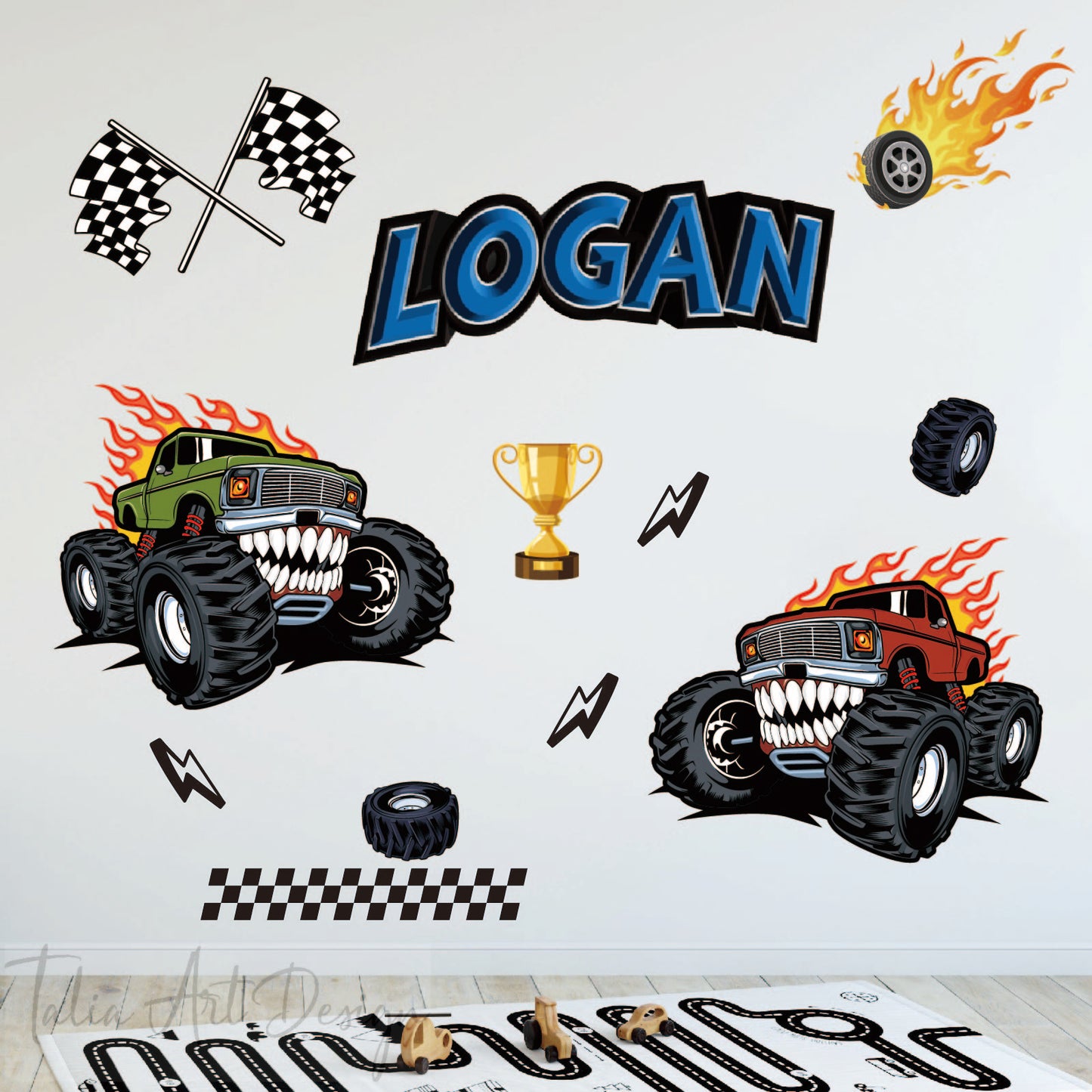 Custom Monster Truck Name Wall Decal Boy Room Nursery Fire Vinyl Sticker Gift