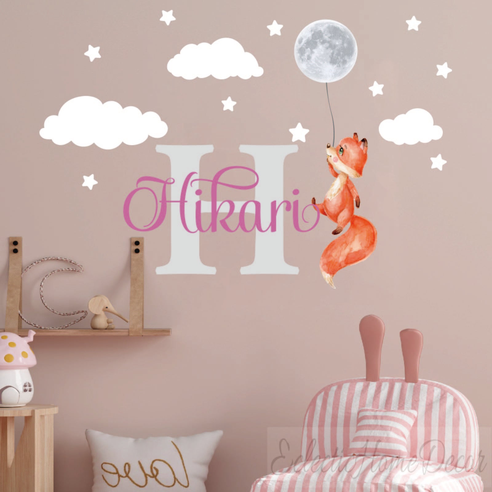 Personalized name fox wall sticker - moon stars theme kids bedroom decal
