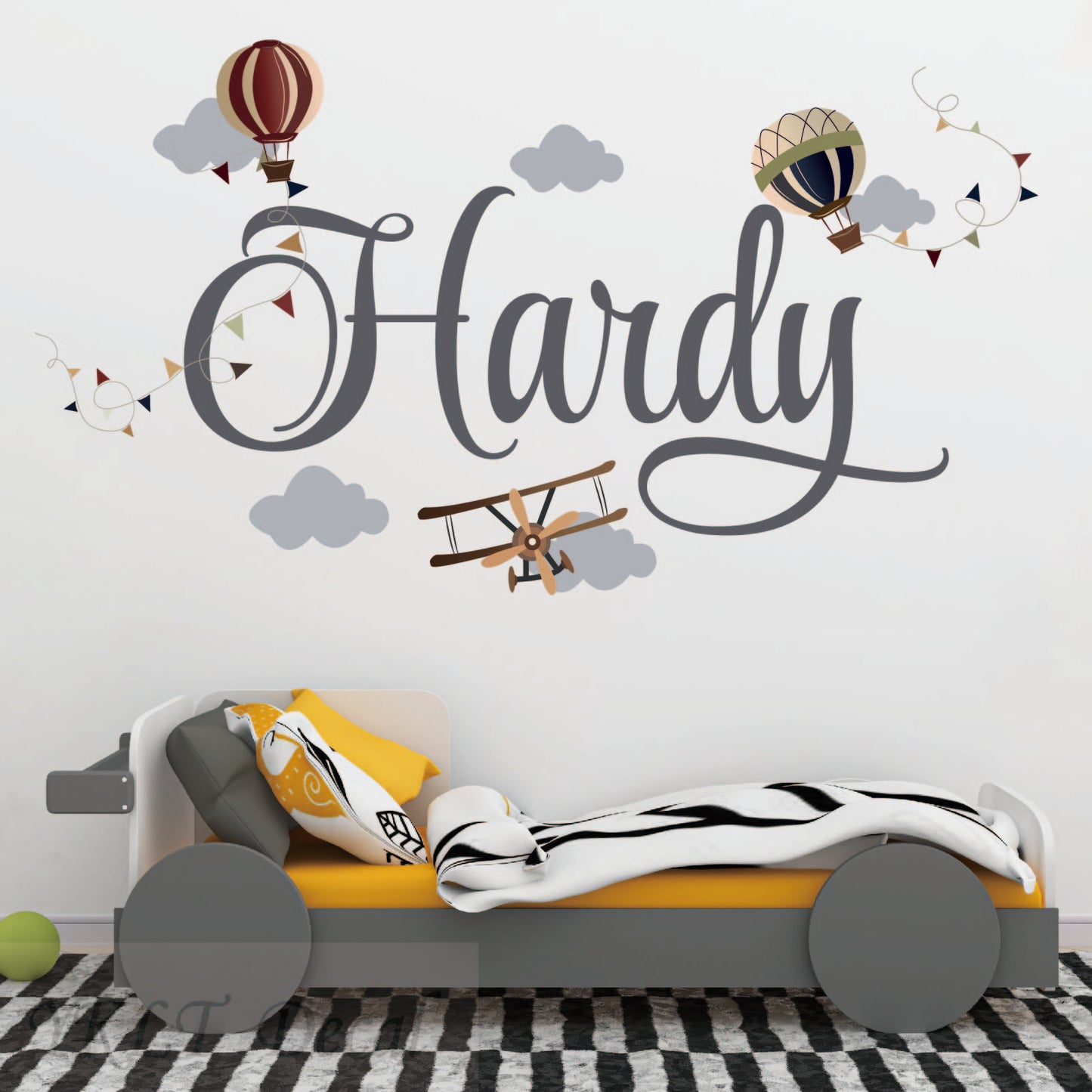 Boys nursery wall art vintage airplane sky adventure personalized name stickers

