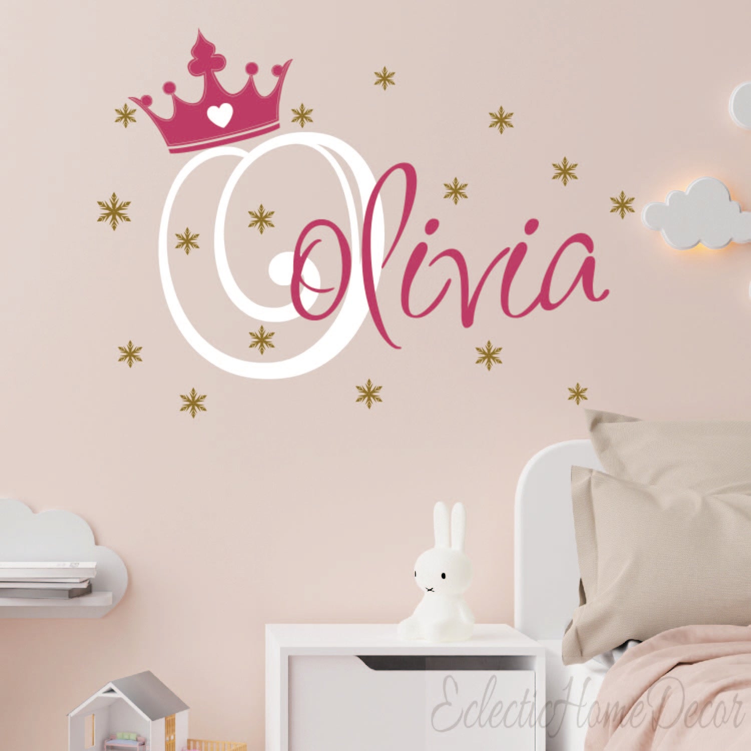 Girls room wall decal featuring custom name and princess crown design

