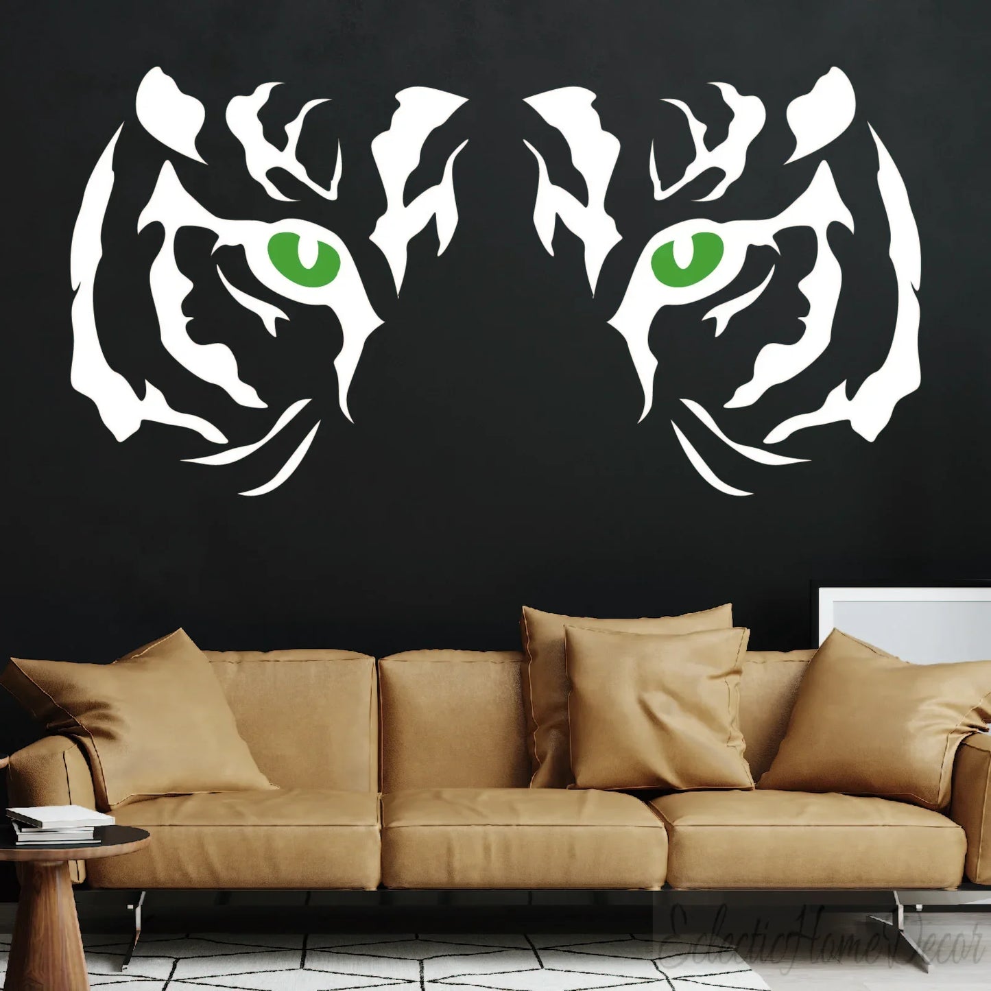 Tiger eyes wall decal with green eyes above tan sofa, modern living room decor by YKLT Decals