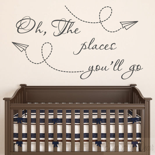 Airplane Wall Decal – "Oh the Places You'll Go" Nursery Quote Sticker, Inspirational Kids Room Decor for Boys & Girls, Pilot-Themed Vinyl Art