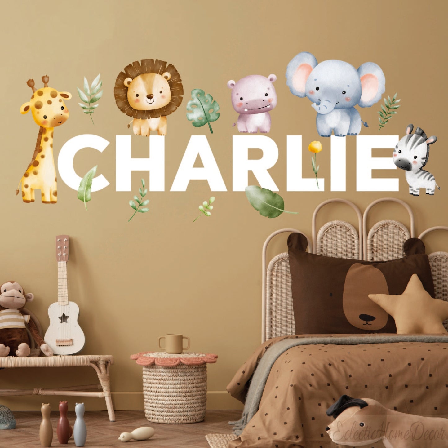 Personalized Jungle Wall Decals - Safari Animal Name Stickers for Nursery, Kids Room Decor, Peel & Stick Baby Boy/Girl Jungle Theme Wall Art