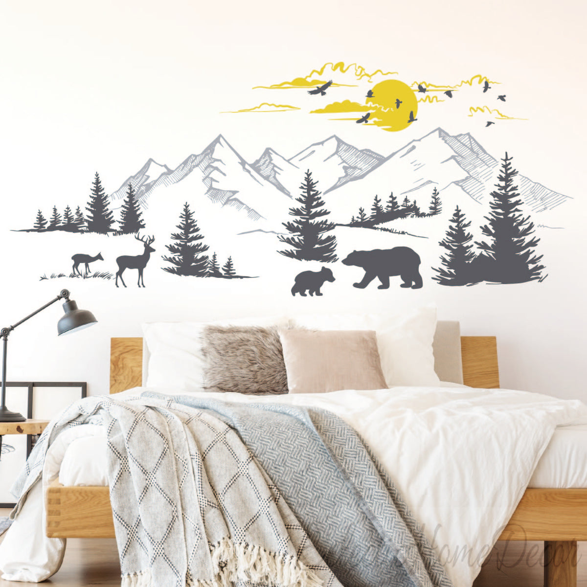 Mountain Landscape Wall Decal with Pine Trees, Sun, and Woodland Animals