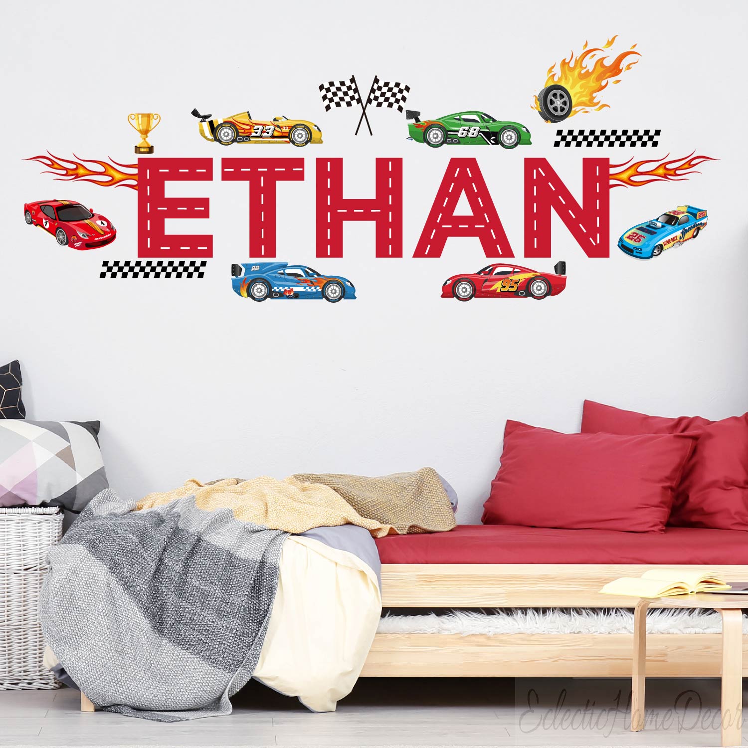 Peel and stick race car wall decals removable nursery playroom decoration
