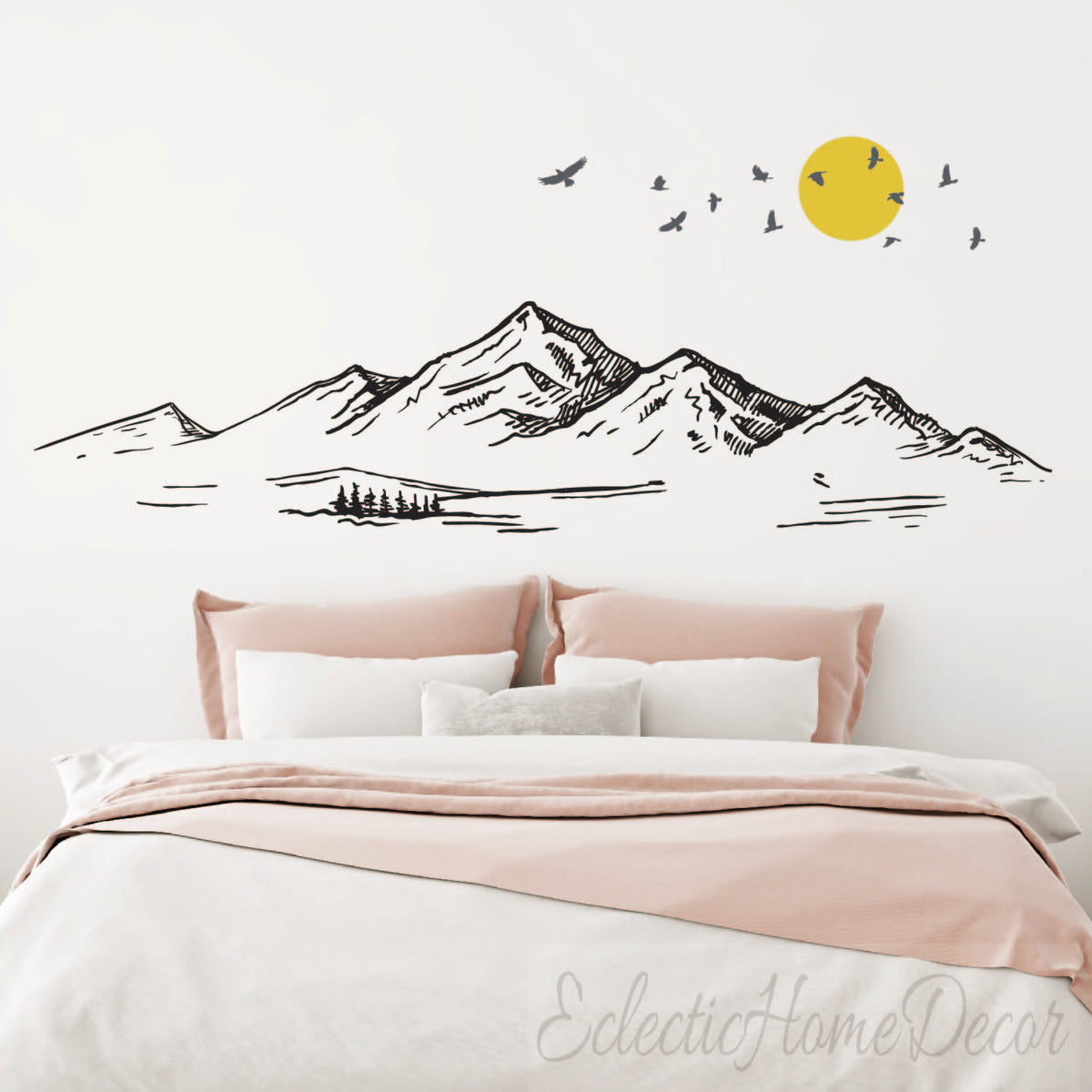 Mountain Landscape Wall Decal with Rising Sun and Flying Birds