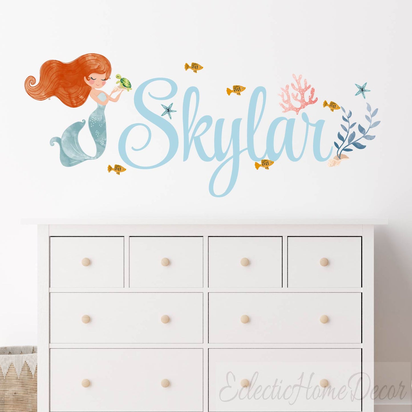Custom Name Little Mermaid Wall Decals for Girls Bedroom Personalized Sea Life Stickers with Fishes Coral and Seaweed for Baby Girl Nursery Playroom Decor