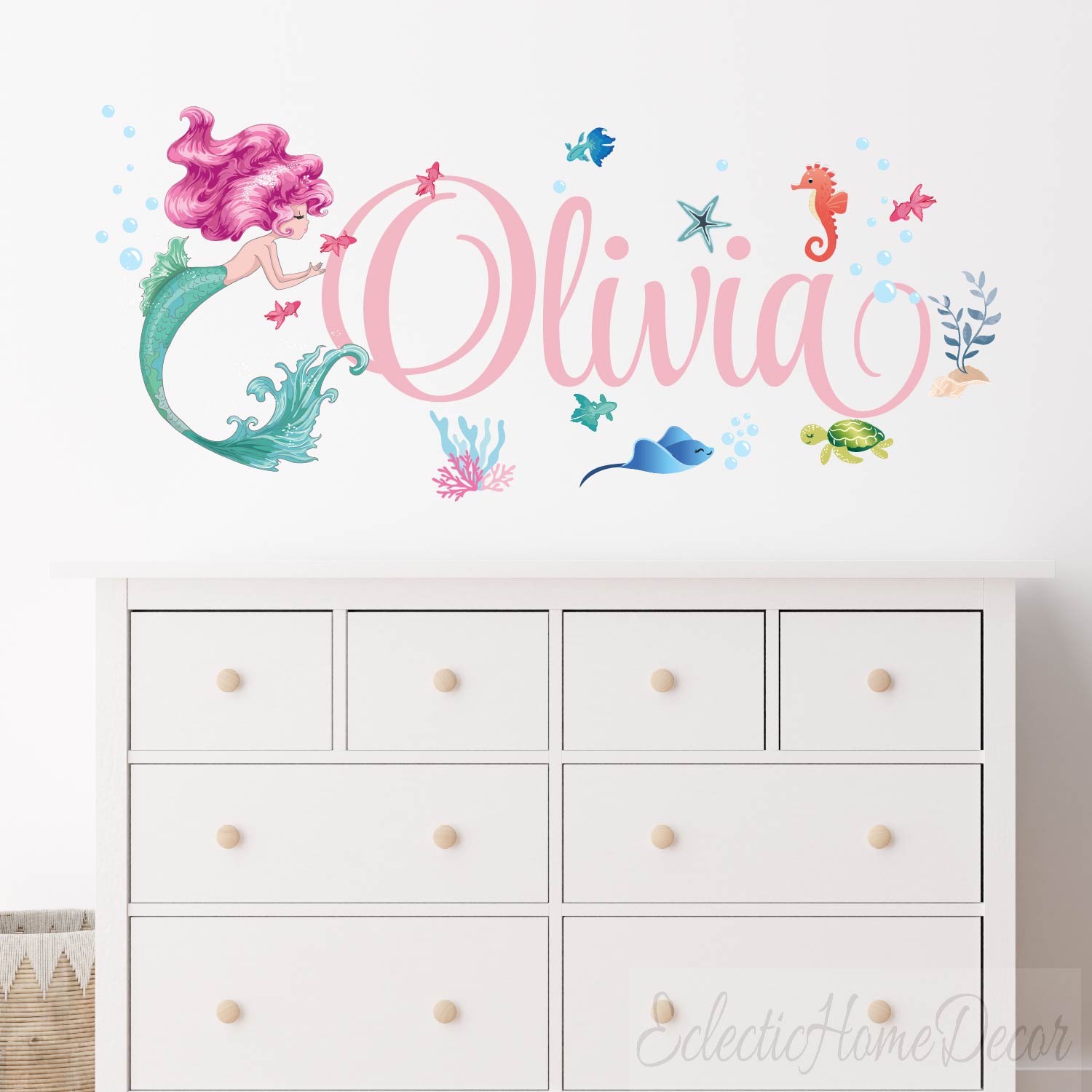 Peel and stick mermaid wall art removable ocean nursery decoration
