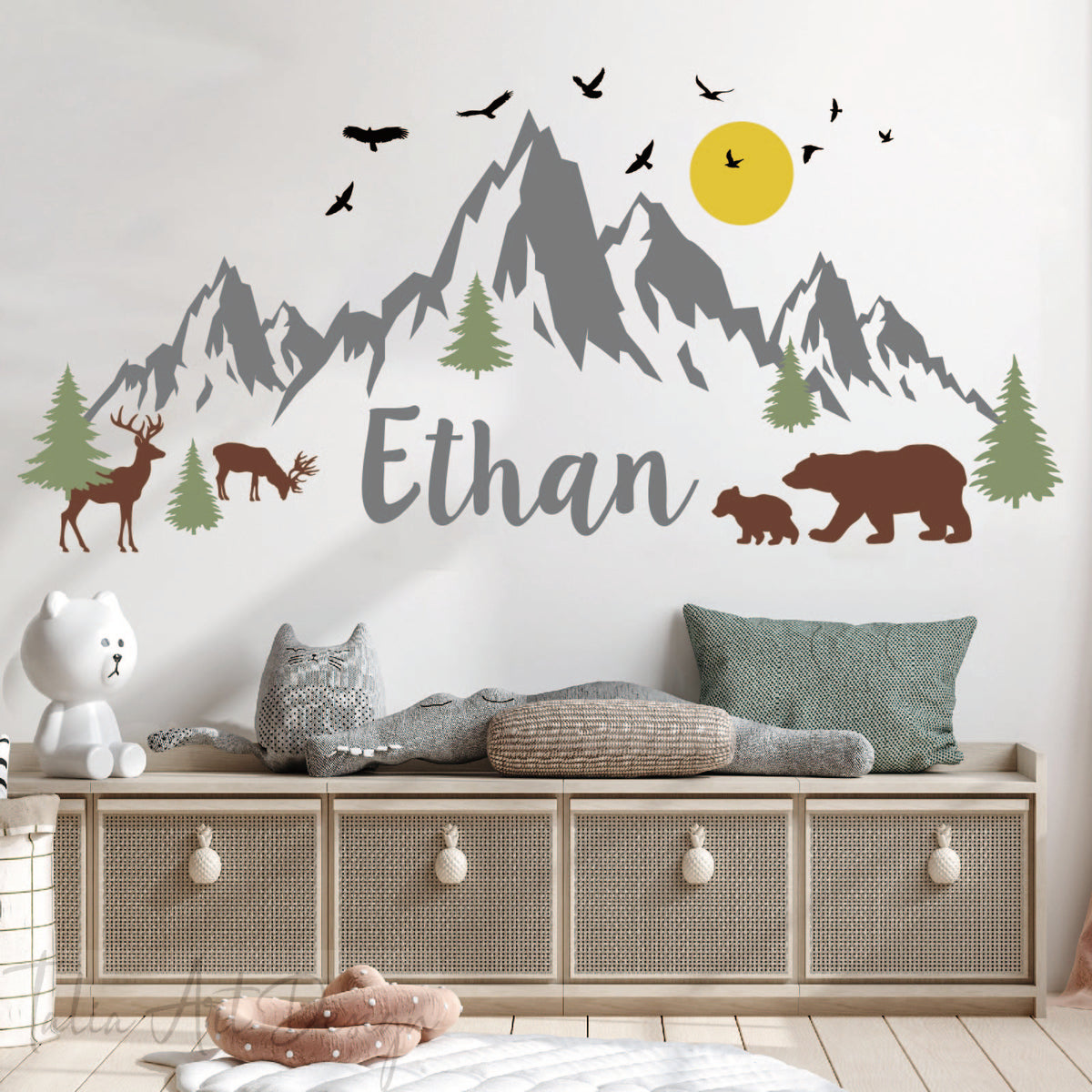 Personalized Mountain Woodland Wall Decal - Custom Name Nursery Nature Vinyl Sticker