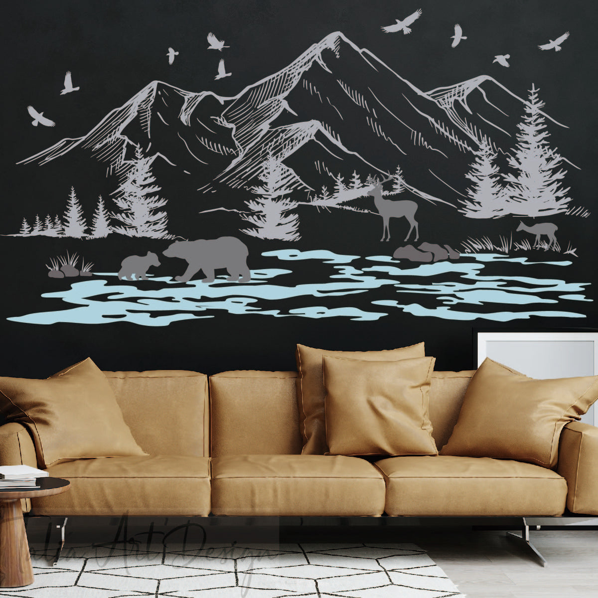 Woodland Mountain Landscape Wall Decal - Pine Trees, Birds & Forest Animals Vinyl Sticker