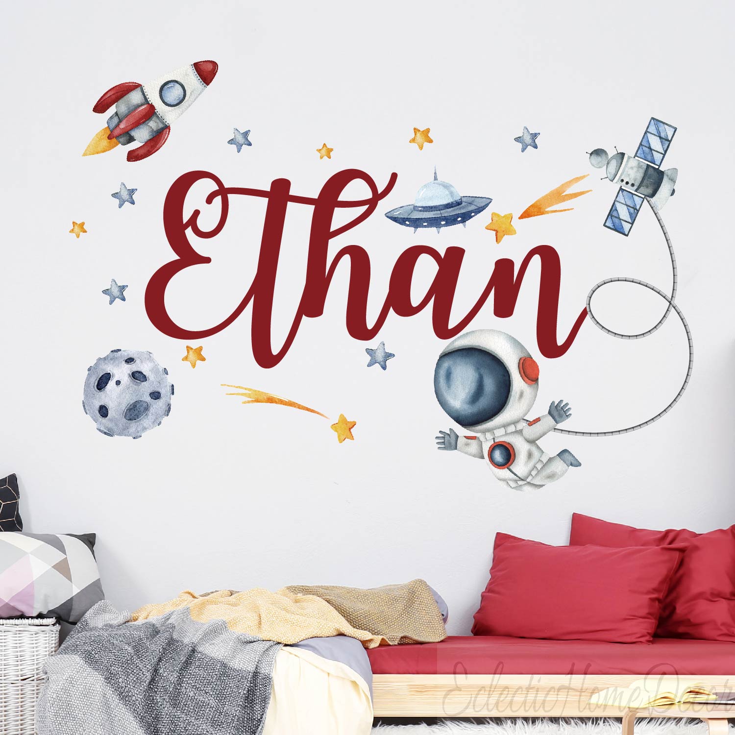 Custom name astronaut wall stickers outer space theme for kids bedroom
