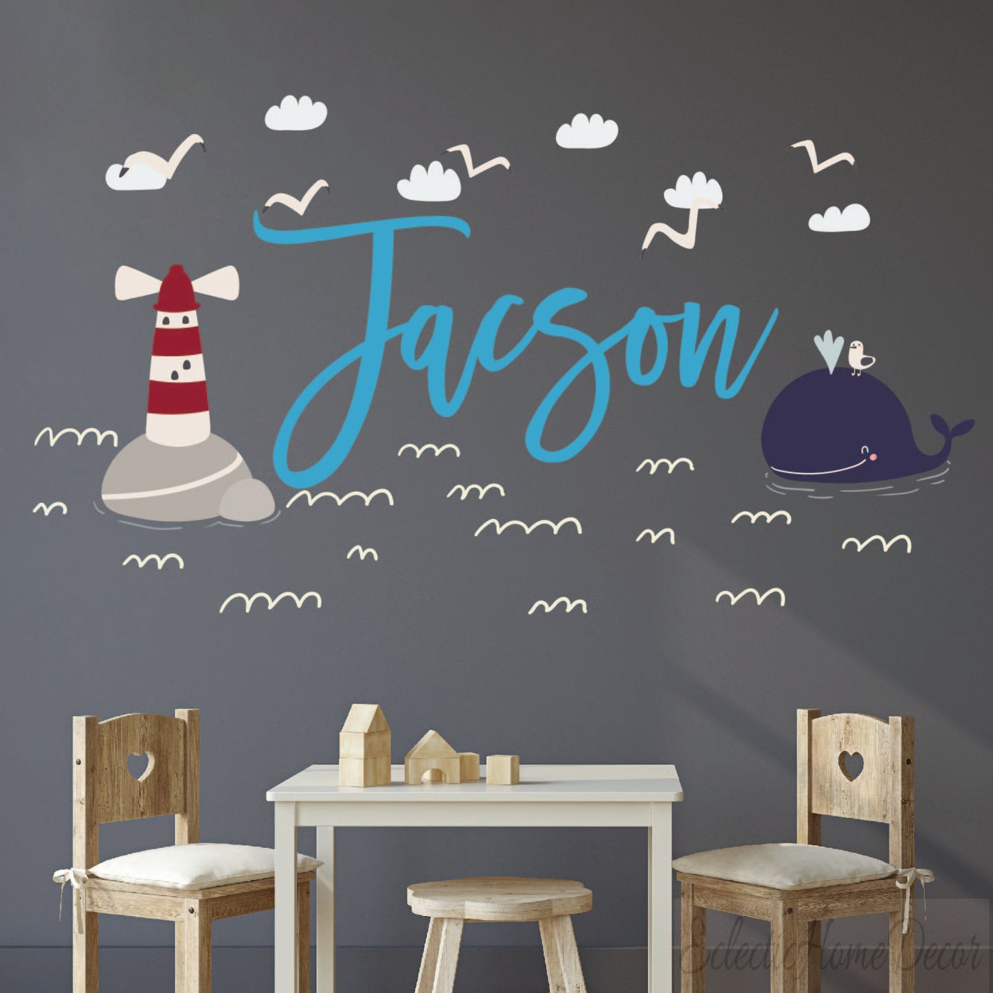 Peel and stick lighthouse whale wall decals removable kids room decoration
