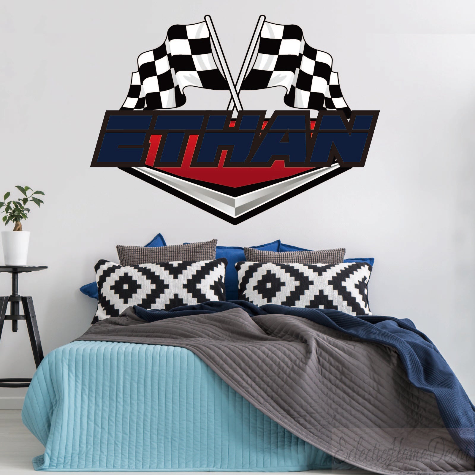 Removable racing car name decal - personalized boys nursery wall art
