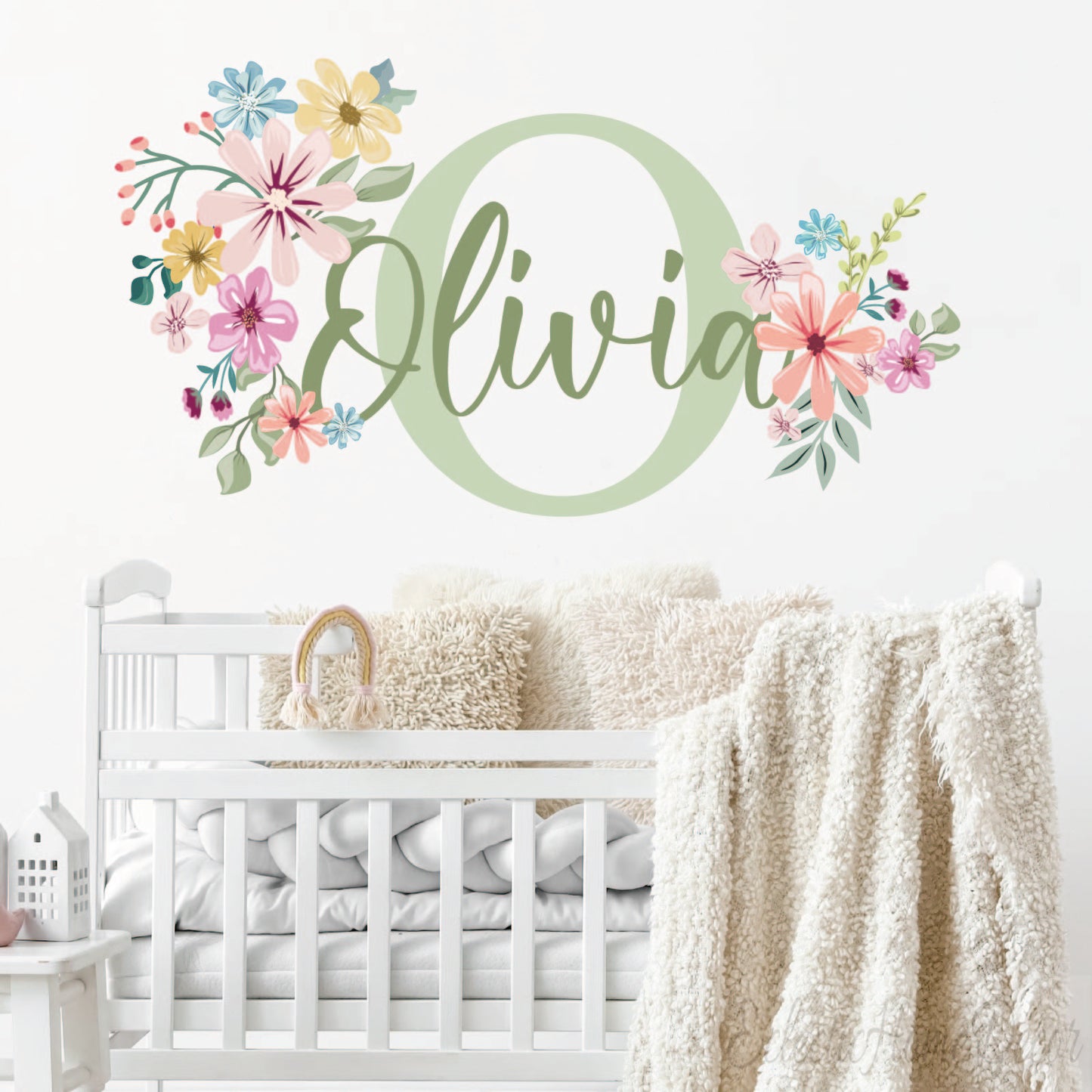 Floral wall stickers with custom name for baby girl bedroom
