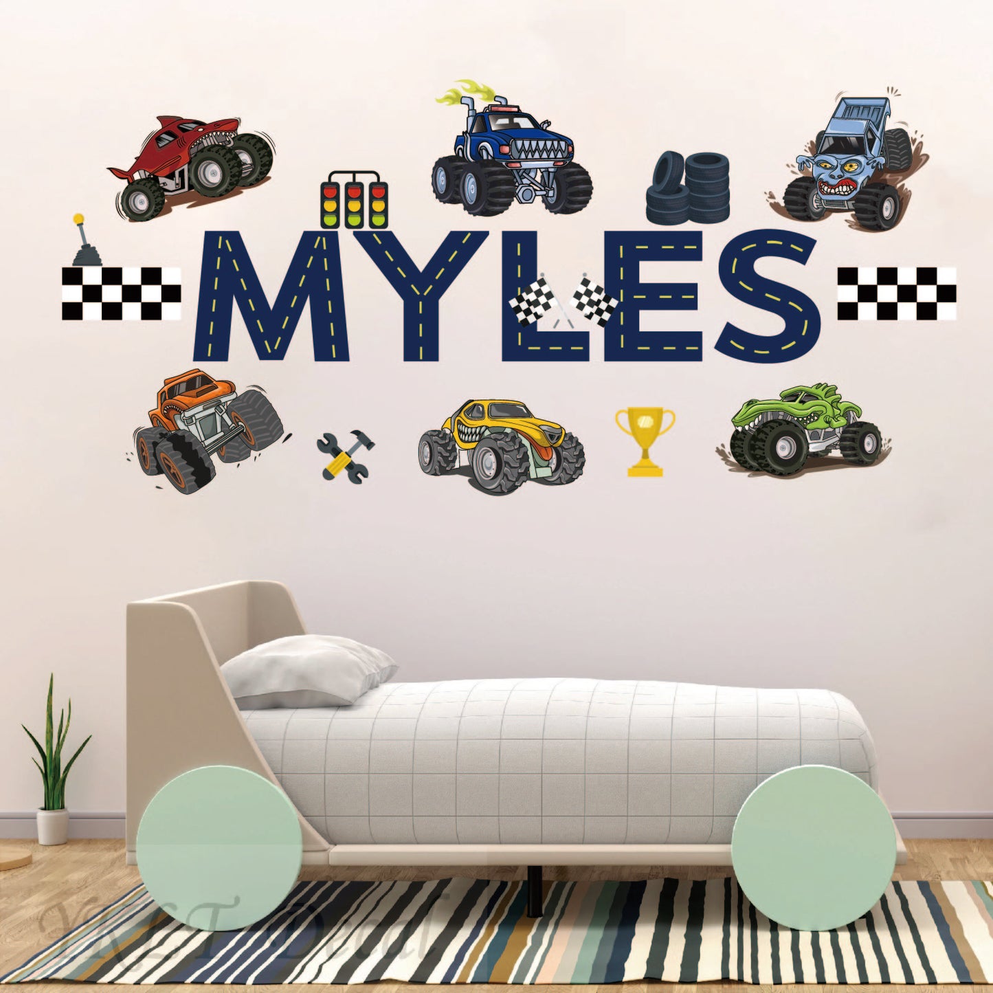 Peel and stick monster truck wall decals removable nursery bedroom decoration
