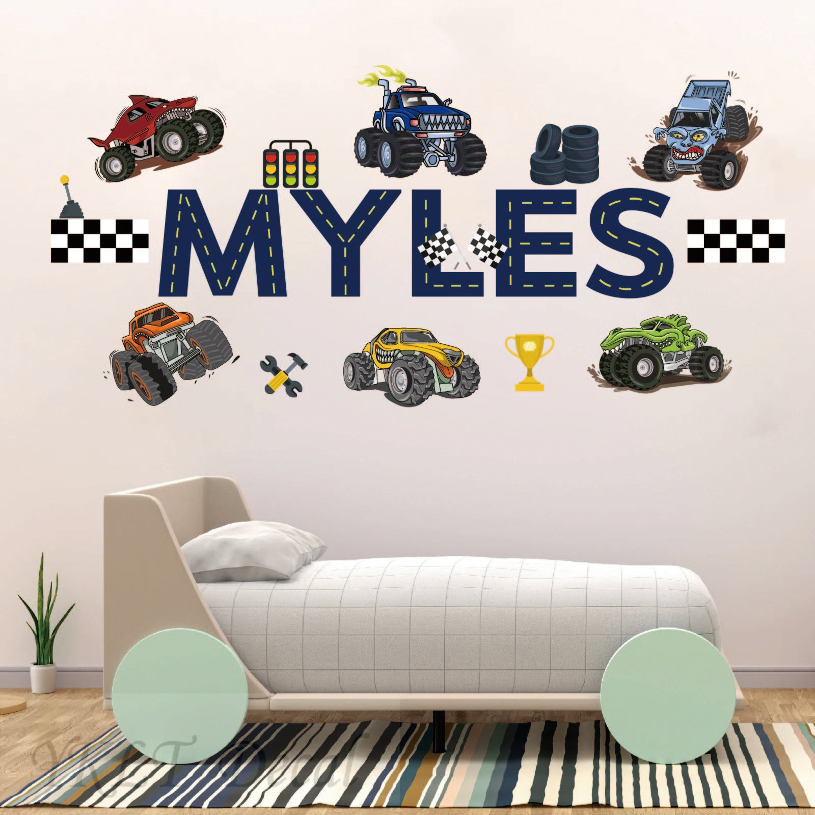 Peel and stick monster truck wall decals removable nursery bedroom decoration
